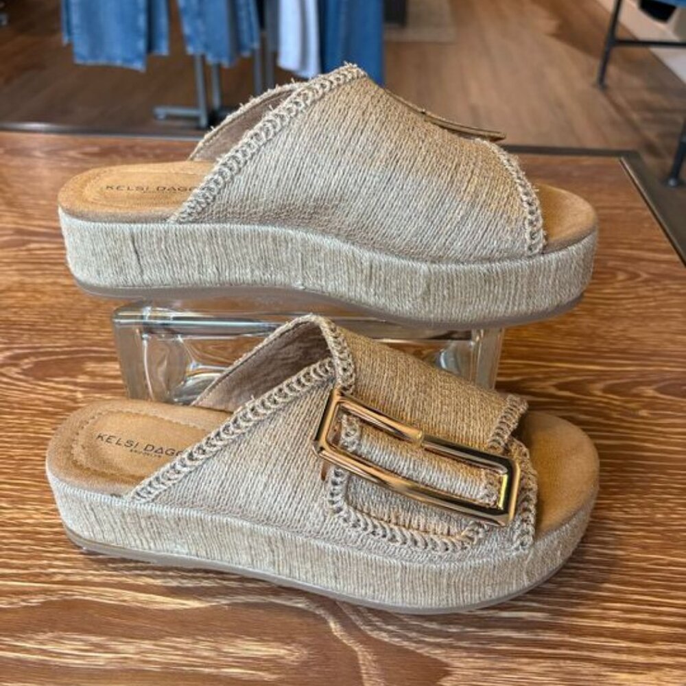 Kelsi Dagger Beige Woven Platform Slide Sandals with Gold Buckle - Picture 3 of 4